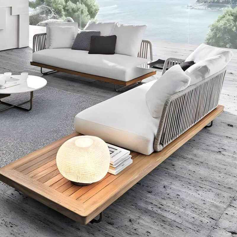 "Tropical Patio Sofa Wood With Cushions Beige Fabric Water Resistant Outdoor Patio Sofa - 63"L x 31"W x 32"H"