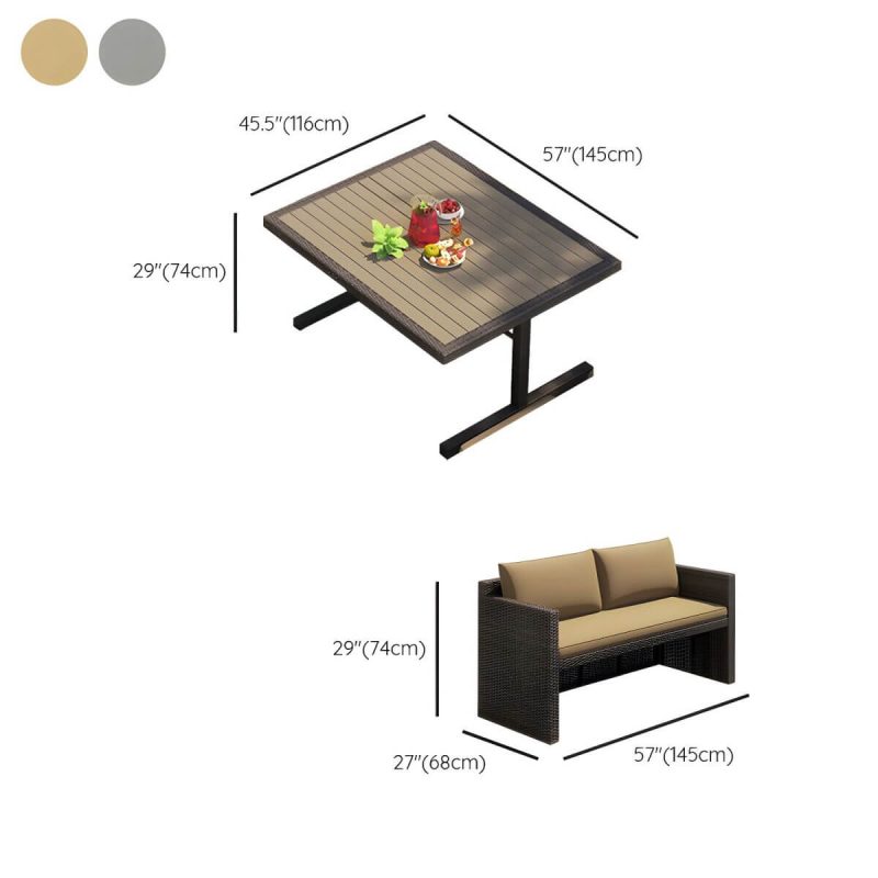 "Dimension of Modern UV Resistant White Patio Dining Set with Upholstered Chairs and Removable Cushions - Grey Wood Desk with 2 Chairs 57"L x 46"W x 29"H"