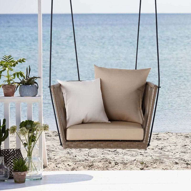 "Traditional Outdoor Hanging Chair Rattan Porch Swing Chair with Khaki Cushion Pillow"