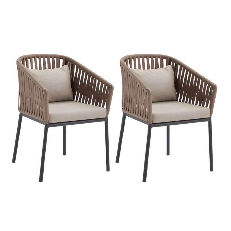 "Modern Metal Arm Chair with Brown Wicker Back and Rust-Resistant Steel Frame for Patio Dining - 2 Piece Set"