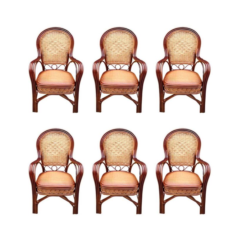 "Traditional Patio Dining Armchair in Rattan Single Outdoor Chair - Coffee Rattan Weaving 6 Piece Set"