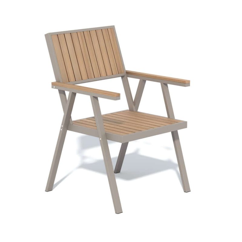 "Modern Aluminum & Wood Outdoor Dining Chair Patio Armchair in Natural & Gray (Set of 2)"