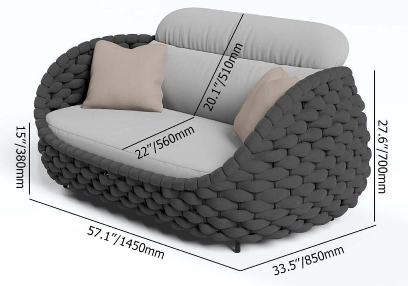 "Dimension of Tatta 2-Seater Woven Rope Outdoor Sofa Patio Loveseat Removable Cushion Gray & Black"