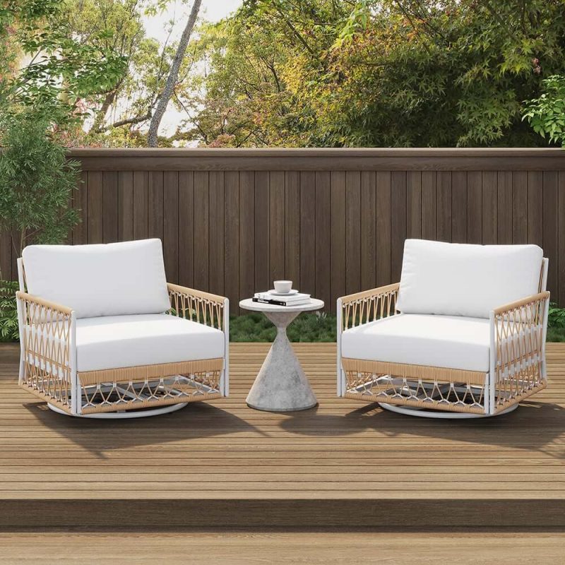 "Ropipe Outdoor Swivel Chair with Hand Woven Rope in Khaki & White"