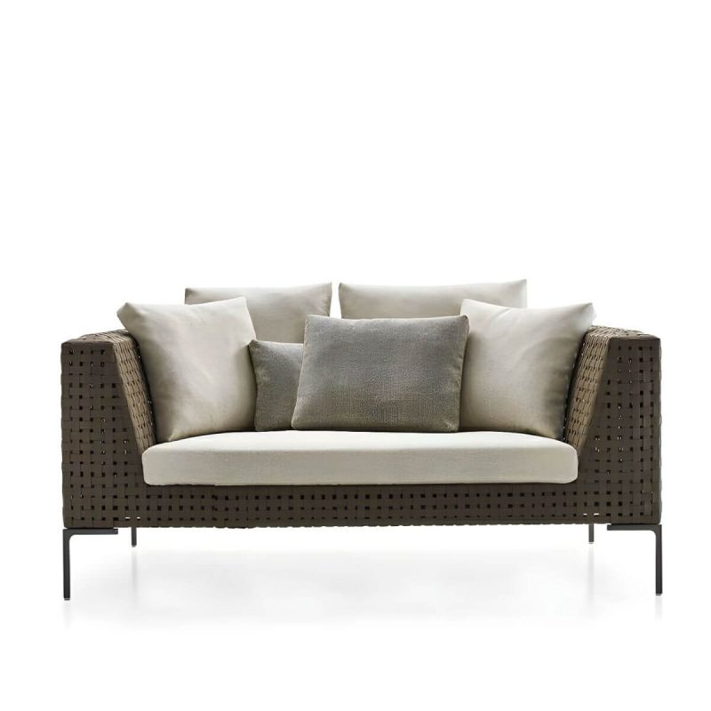 "Elegant Metal Framed White Upholstered Modern Sofa with Cushions - 2-Seater Sofa"