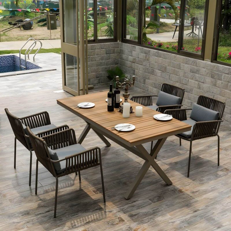 "Brown Wooden Patio Table Contemporary Style in Rectangular Shape - Table Only 63"L x 30"W x 28"H"