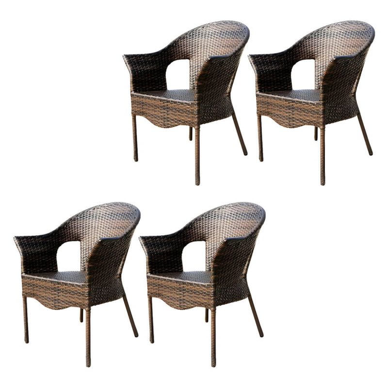"Stackable Traditional Metal Arm Chair with Brown Wicker Back and Rust Resistant Aluminum Frame - 4 Piece Set"