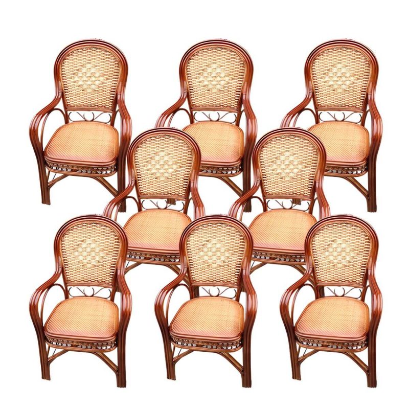 "Traditional Patio Dining Armchair in Rattan Single Outdoor Chair - Coffee Hollow 8 Piece Set"