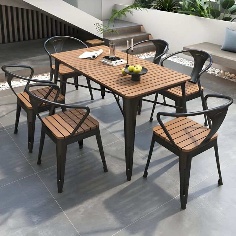 "Contemporary Style Wood Patio Table Rectangle Shape with Metal Legs in White/Black - Table Only 55.1"L x 27.6"W x 29.5"H Black"