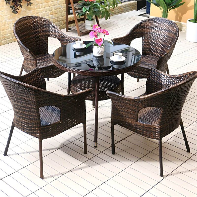 "Stackable Traditional Metal Arm Chair with Brown Wicker Back and Rust Resistant Aluminum Frame - 2 Piece Set"