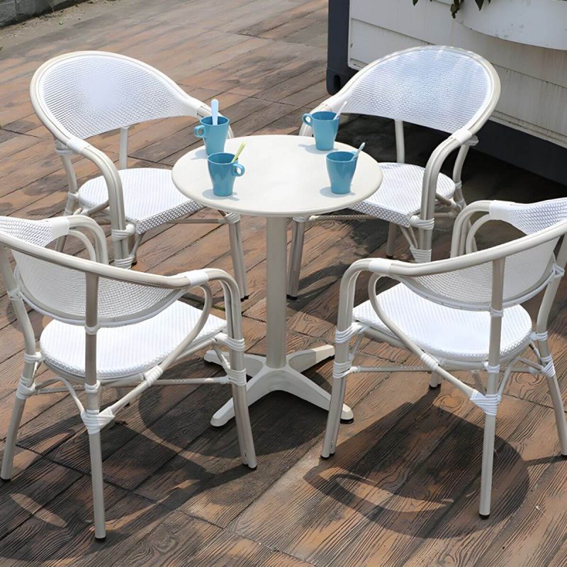 "Modern Geometric Waterproof Courtyard Table Metal Base Outdoor Table - Table Only Round Textured White 23.6"L x 23.6"W x 27.6"H"