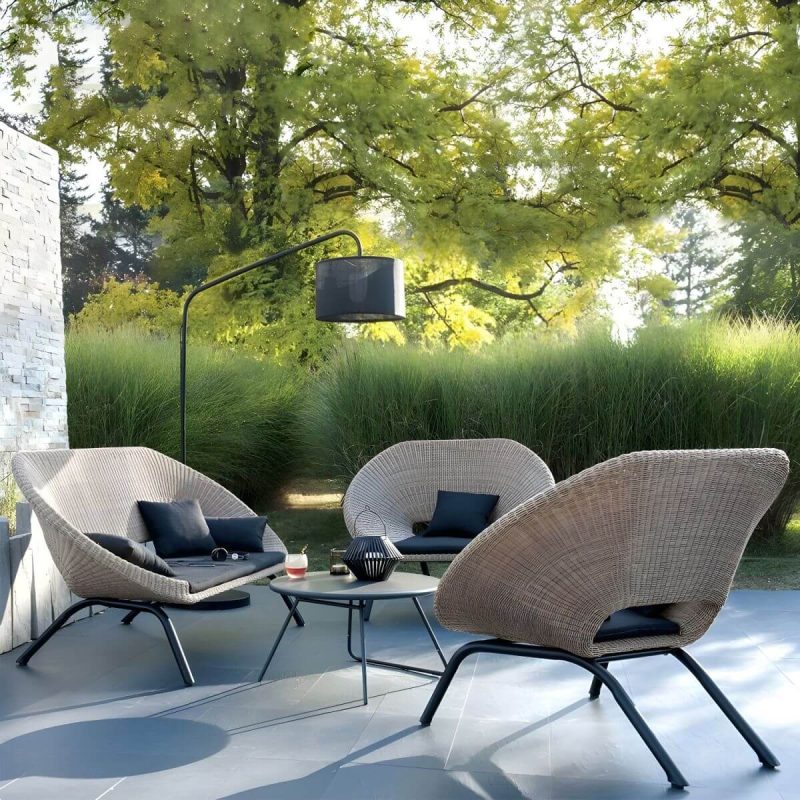 "Waterproof Wicker/Rattan Modern Sofa with Upholstered Black Cushions and Pillows - 2-Seater Sofa"