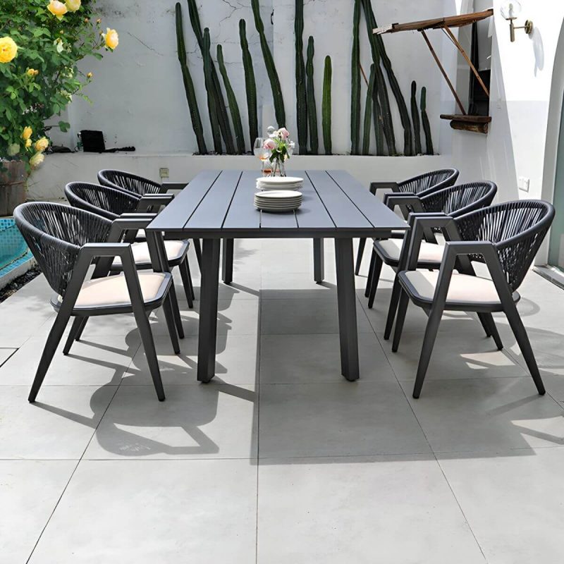 "Contemporary Gray 11-Piece Weatherproof Patio Dining Set with Gray Wicker Chairs - Table & 6 Chairs 59"L x 35"W x 29"H"