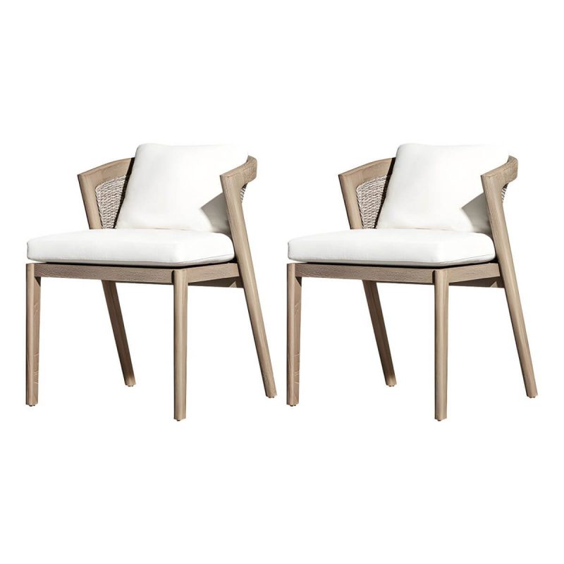 "Modern Brown Wood Side Chair with Wicker Back and Beige Cushions - 2 Piece Set Armless"