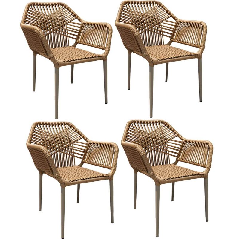 "Modern Metal Arm Chair with Beige Plastic Back and Stackable Design for Patio Dining - Black 4 Piece Set"