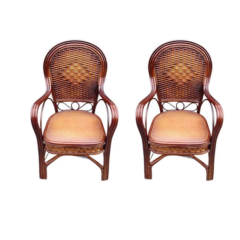 "Traditional Patio Dining Armchair in Rattan Single Outdoor Chair - Dark Coffee Rattan Weaving 2 Piece Set"