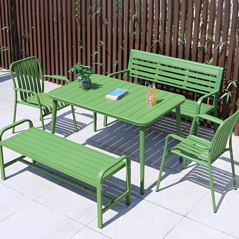 "Sleek Metal Outdoor Dining Set Rectangular Table with 2 Stylish Benches - Table & 2 Chairs & 2 Benches 59"L x 35"W x 29"H Green"
