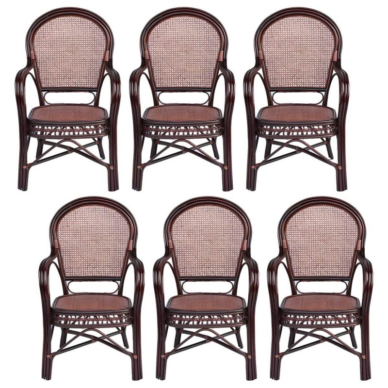 "Traditional 40.55" Height Solid Color Rattan Outdoor Dining Armchair - Dark Brown 6 Piece Set"
