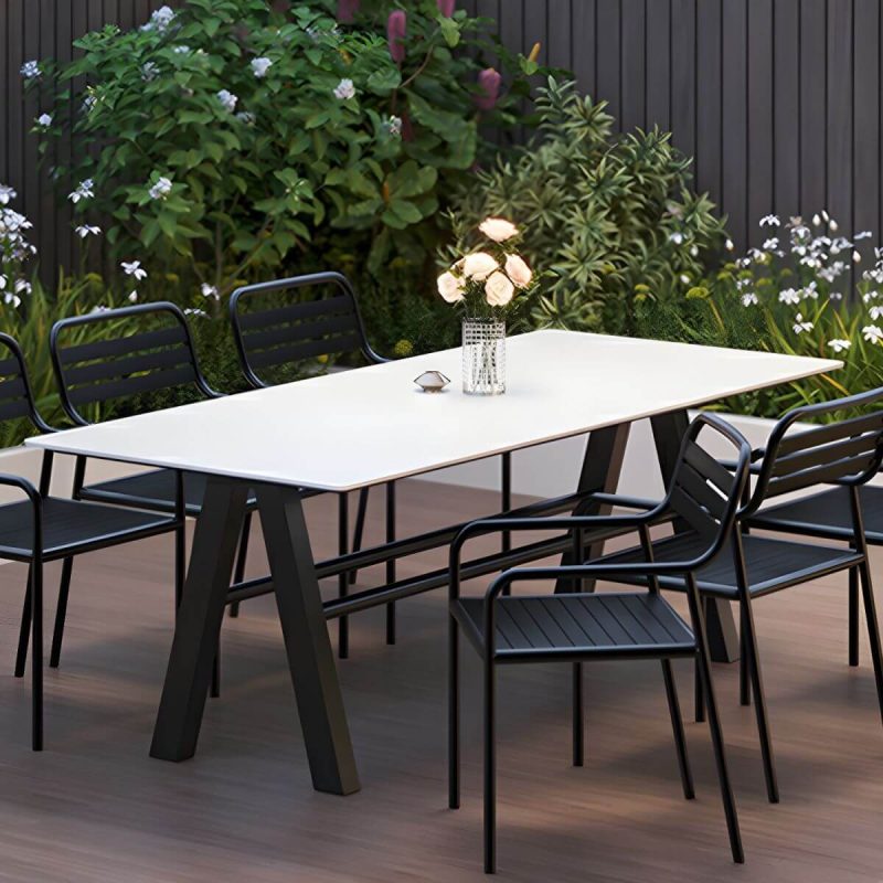 "White Stone Rectangular Patio Dining Table without Umbrella Hole - Table Only 55.1"L x 31.5"W x 29.5"H"