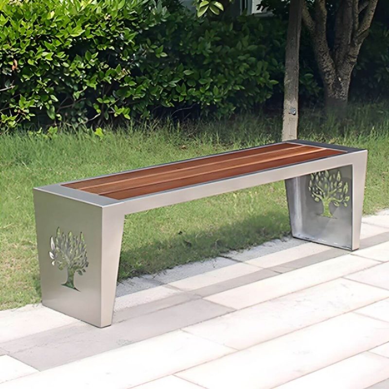"Modern Garden Bench with Stainless Steel Frame and Waterproof Wood Seating - 59.1"L x 17.7"W x 16.5"H"