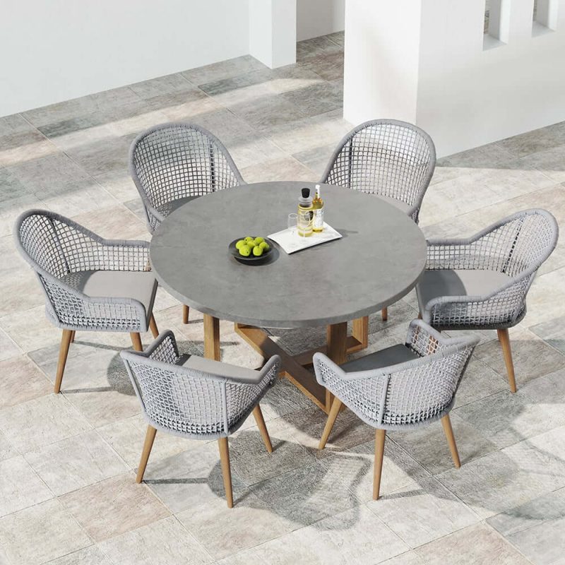 "7 Pieces Teak Round Outdoor Concrete Dining Set with Gray Table Woven Armchair 6-Person"