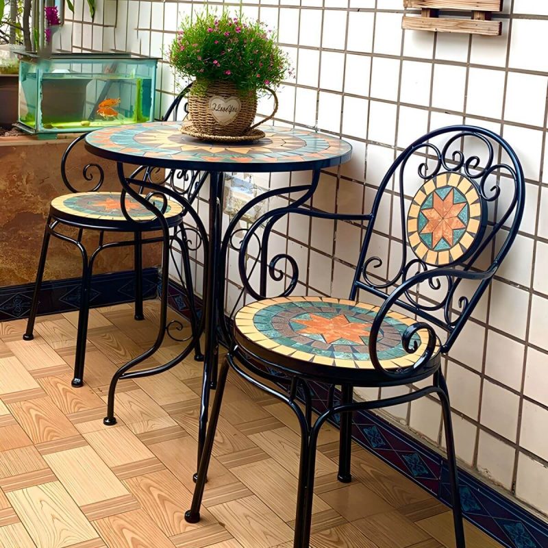 "French Country Metal Patio Table Round Outdoor Iron Dining Table - Table Only Sky Blue"