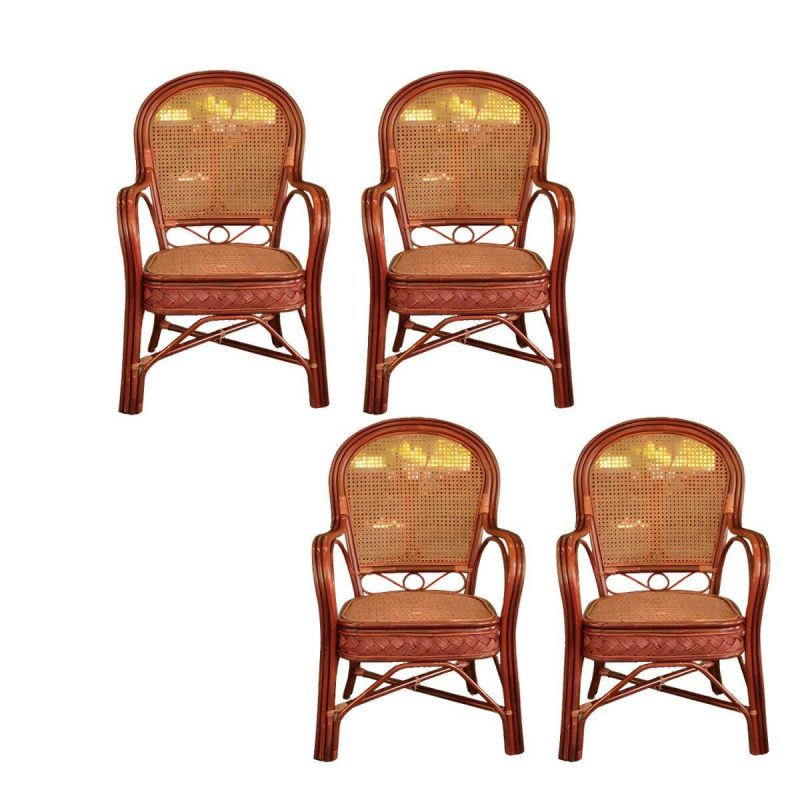 "Traditional Patio Dining Armchair in Rattan Single Outdoor Chair - Burgundy Rattan Weaving 4 Piece Set"