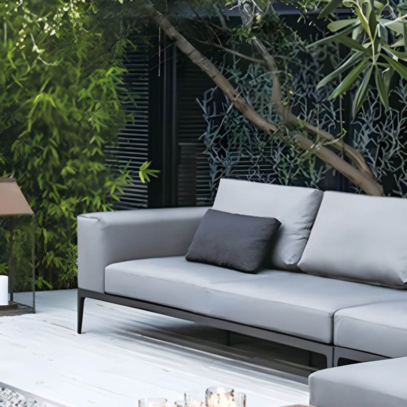 "Fade Resistant Black Metal Framed Patio Sofa with Cushions & Pillow (Modern Gray) - Daybed"