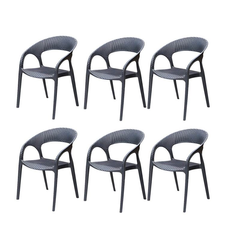 "Contemporary Black Plastic Outdoor Bistro Chairs with Arms and 4 Legs - 6 Piece Set"