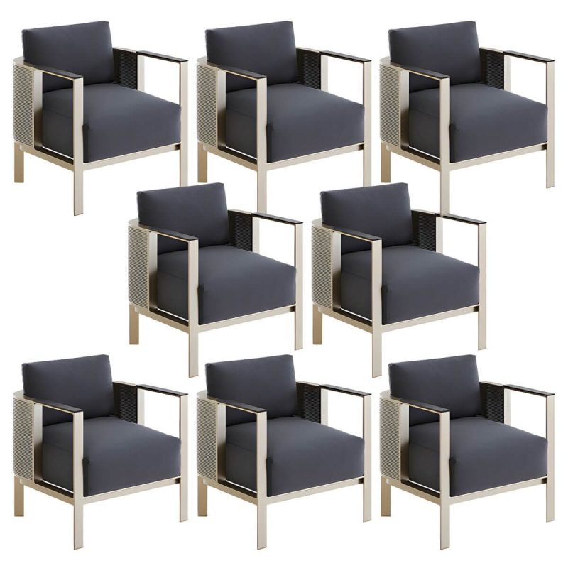 "Modern Gold Metal Arm Chair for Patio Dining with Rust Resistant Features and Brown Upholstery - Dark Gray 8 Piece Set"