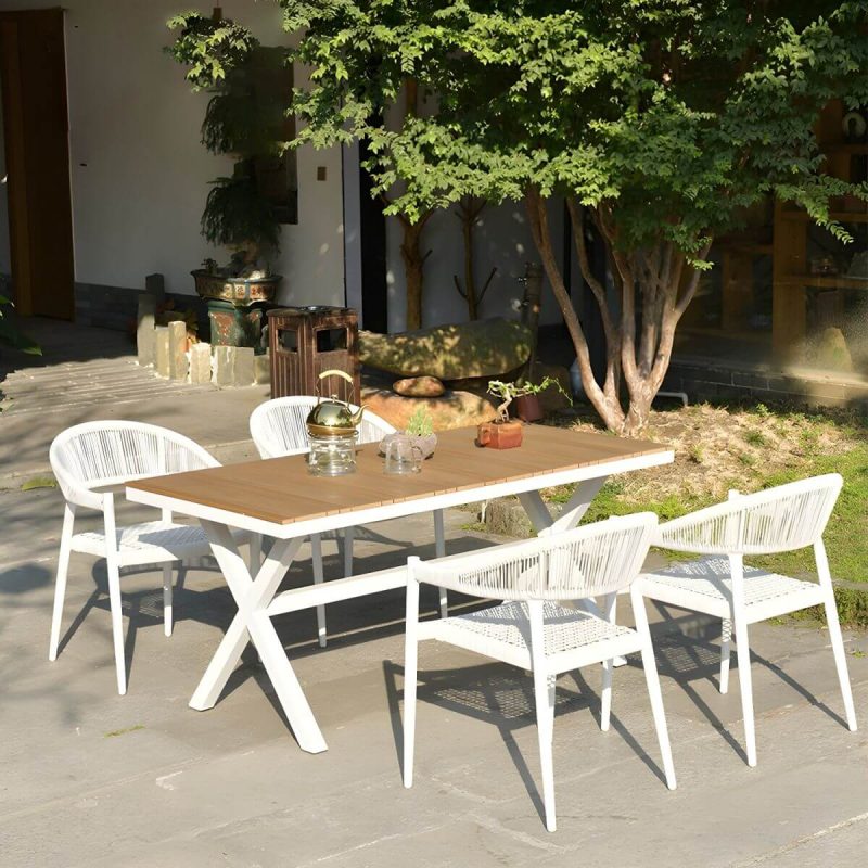 "Weatherproof White Wicker Patio Dining Set with Set of Stackable Chairs - Table & 4 Chairs 63"L x 30"W x 29"H"