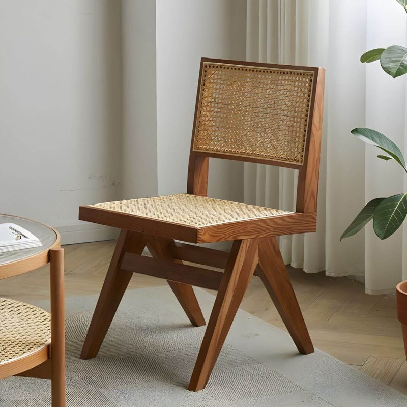 "Vine Woven Modern Courtyard Dining Chairs solid Wood Frame for Outdoor - Walnut Armless"