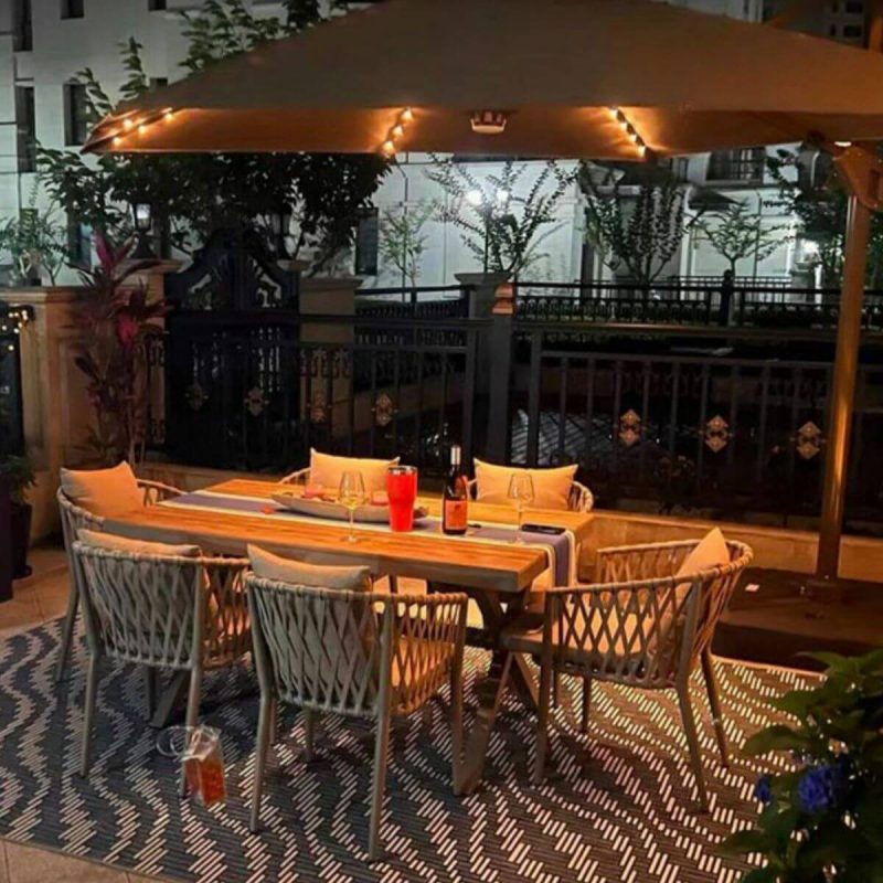 "Modern Aluminum Dining Table with Umbrella Hole in Brown and Gray Finish - Table Only 71"L x 35"W x 29"H"