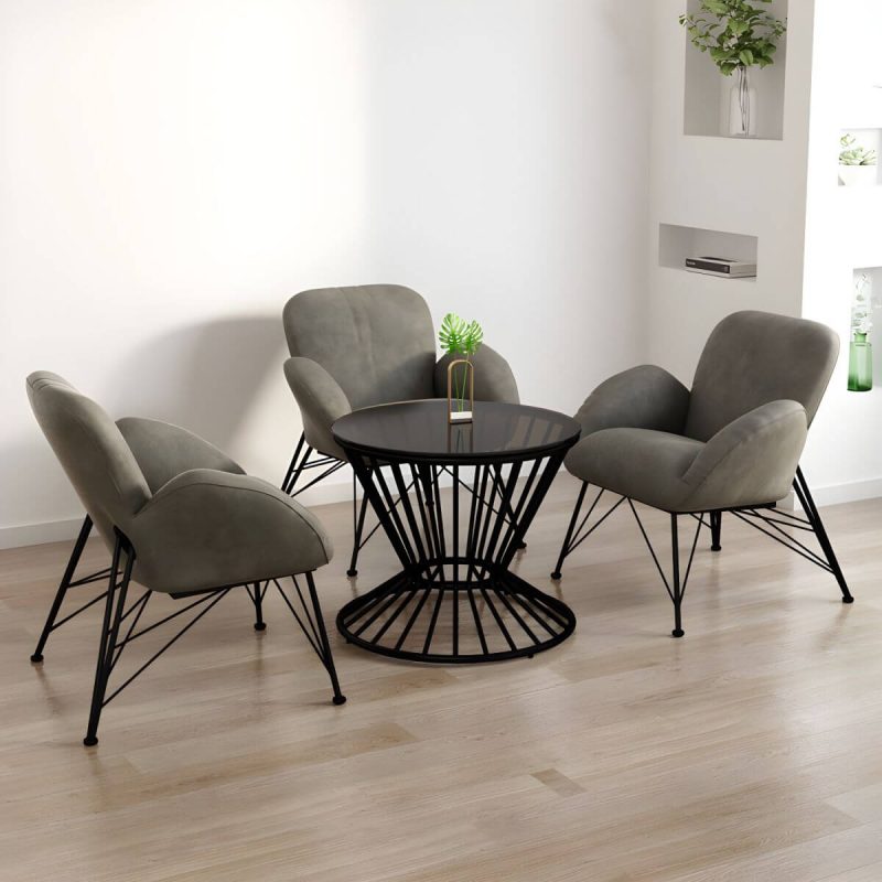 "Contemporary Outdoor Dining Table Furniture Set with Black Round Top for Courtyard - Table & Chair(s) 3 Grey"