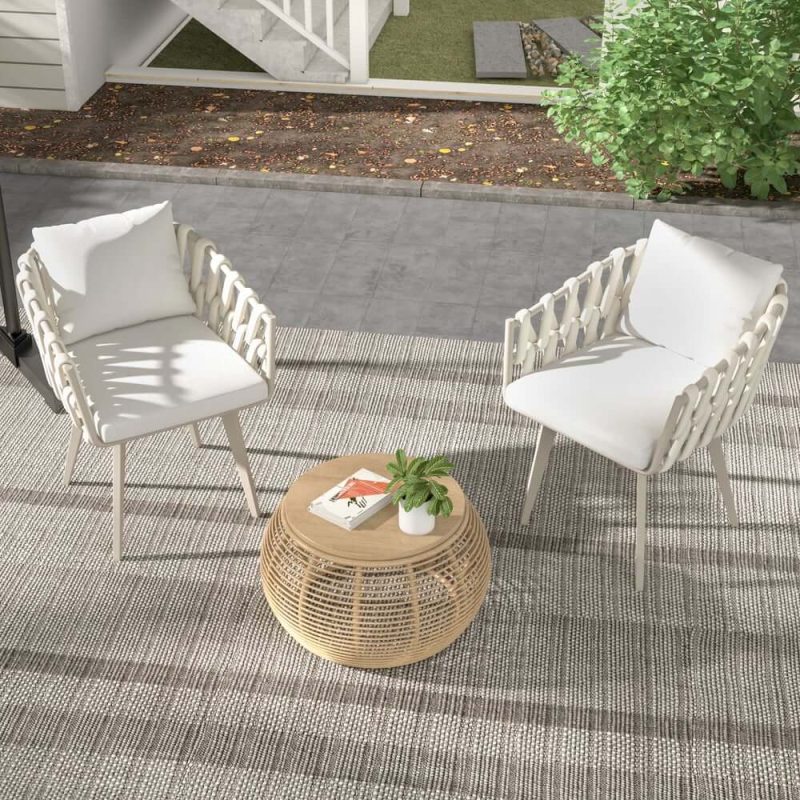 "Set of 2 Hand Woven Rope Outdoor Patio Dining Chair with Cushions in Beige"
