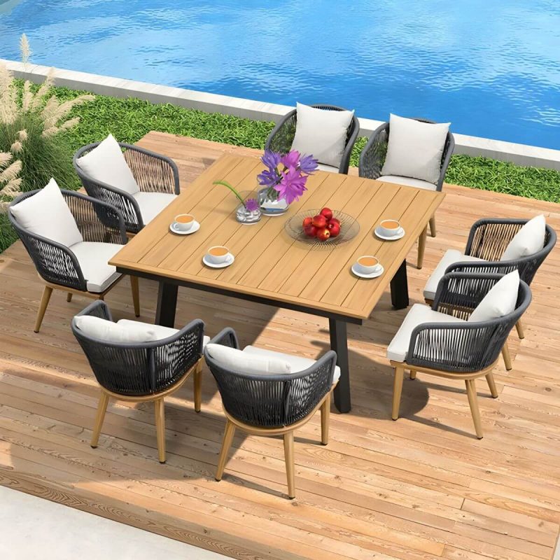 "Modern Black Patio Dining Set: Metal Frame, Upholstered White Cushions, Leaf Not Included - Table & 8 Chairs 59.1"L x 59.1"W x 29.5"H"