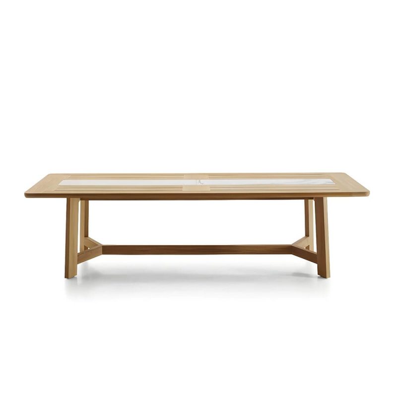 "Teak Wood Modern Patio Dining Table with Umbrella Hole - Waterproof and UV Resistant - Table Only 87"L x 39"W x 29"H Rectangular"