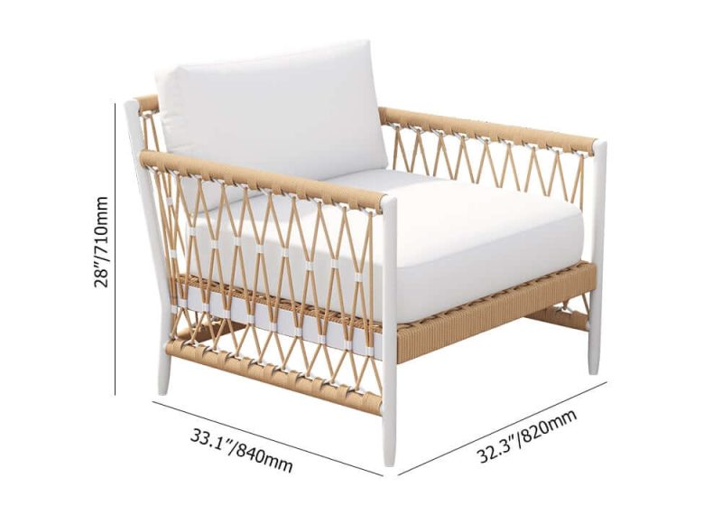 "Dimension of Ropipe Outdoor Armchair with Hand Woven Rope & White Polyester Cushion"