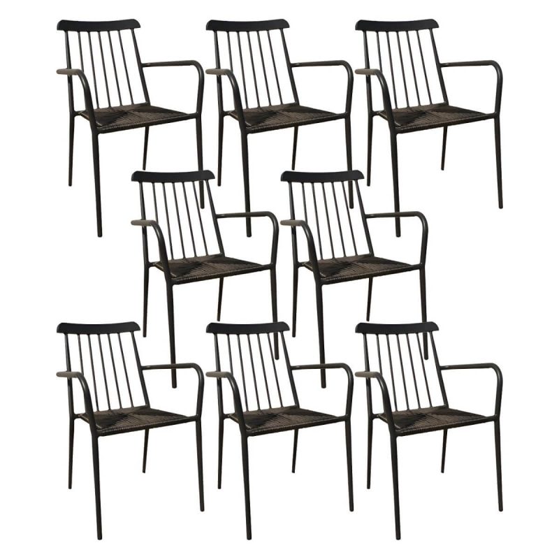 "Tropical Metal Arm Chair with Corrosion Resistant Construction for Outdoor Dining - Black 8 Piece Set"