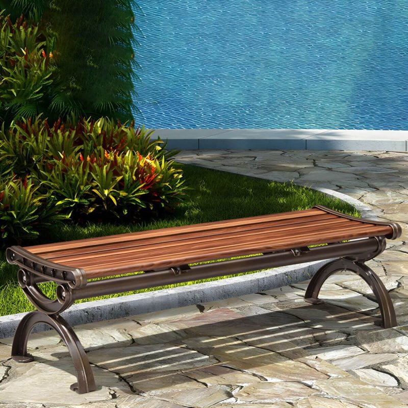 "Wood and Metal Outdoor Bench Mid-Century Modern Outdoor Picnic Bench - 59"L x 17"W x 16"H Coffee"