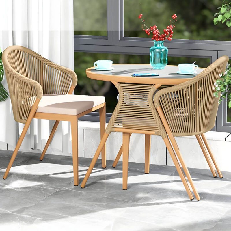 "Contemporary Dining Table Set with Oval Top and 2 Woven Chairs for Courtyard - Table & Chair(s) 2 Wood + Gray"