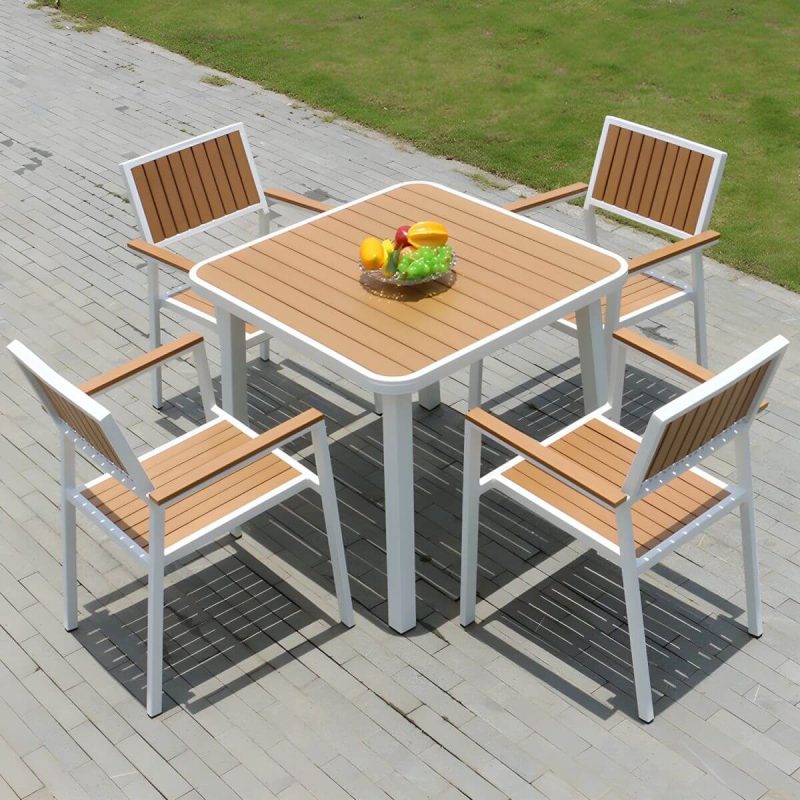 "Contemporary Stacking Metal Dining Armchair with Arm Patio Dining Armchair - Wood Color 4 Piece Set"