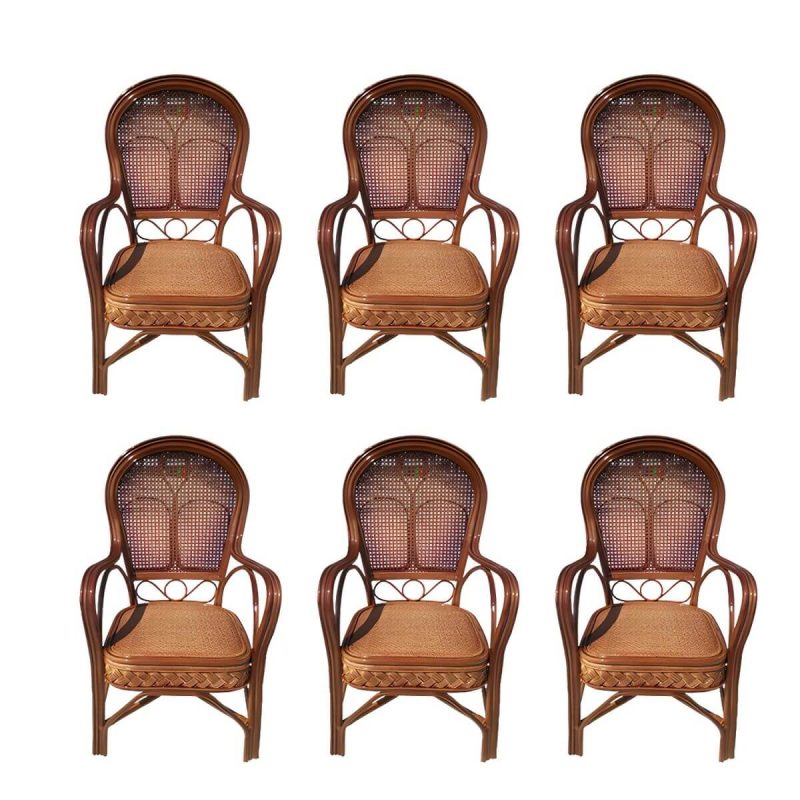 "Traditional Patio Dining Armchair in Rattan Single Outdoor Chair - Brown Rattan Weaving 6 Piece Set"