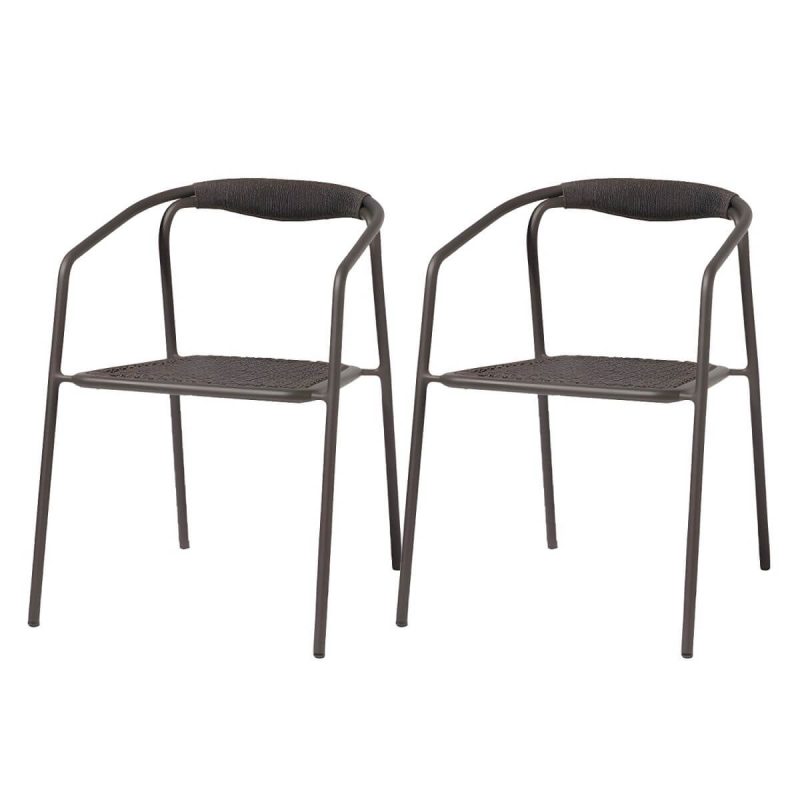 "Farmhouse Aluminum With Arm Open Back Stacking Patio Dining Chair - 4 Piece Set Matte Black Rope"