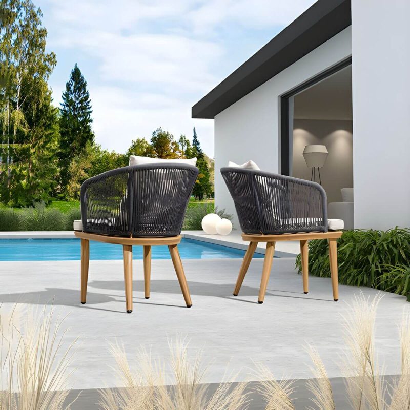 "Modern Black Patio Dining Set: Metal Frame, Upholstered White Cushions, Leaf Not Included - 2 Chairs 22"L x 21"W x 30"H"