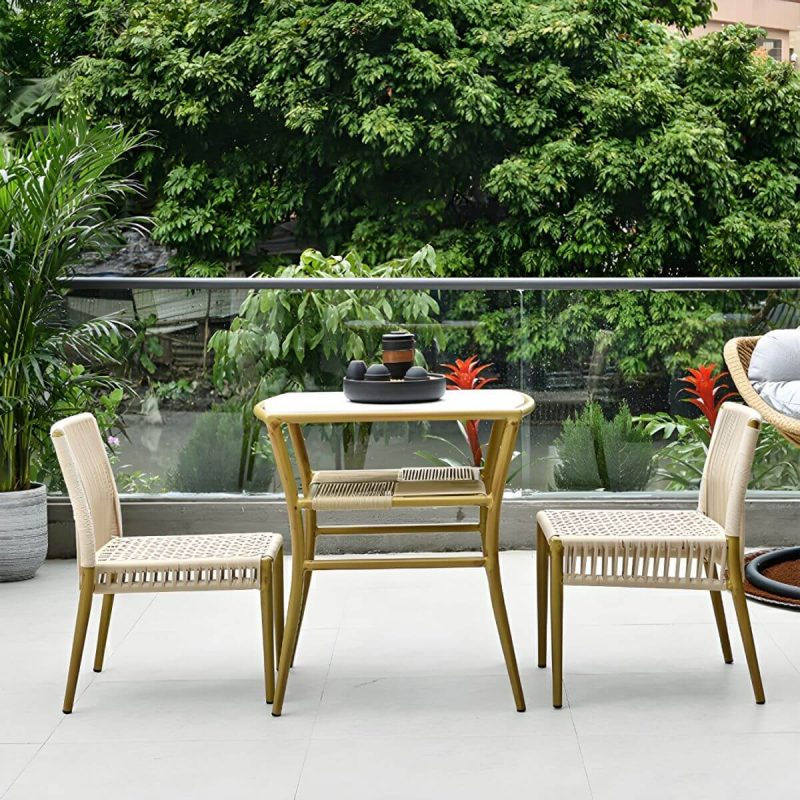 "Contemporary Dining Table Set with 2 Woven Chairs for Courtyard - Table & Chair(s) 2 Brown"