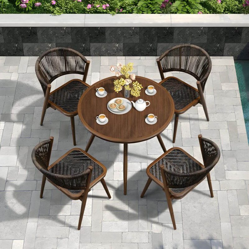 "Mid-Century Modern Metal Patio Dining Set with Non-Upholstered Wicker Chairs - Table & 4 Chairs 35.4"L x 35.4"W x 28.3"H Nut-Brown"