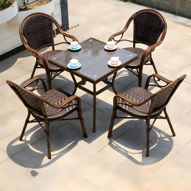 "Modern Brown Glass Top Patio Table Set Metal 4 Legs for Outdoor - Table & Chair(s) 28"L x 28"W x 30"H 4"