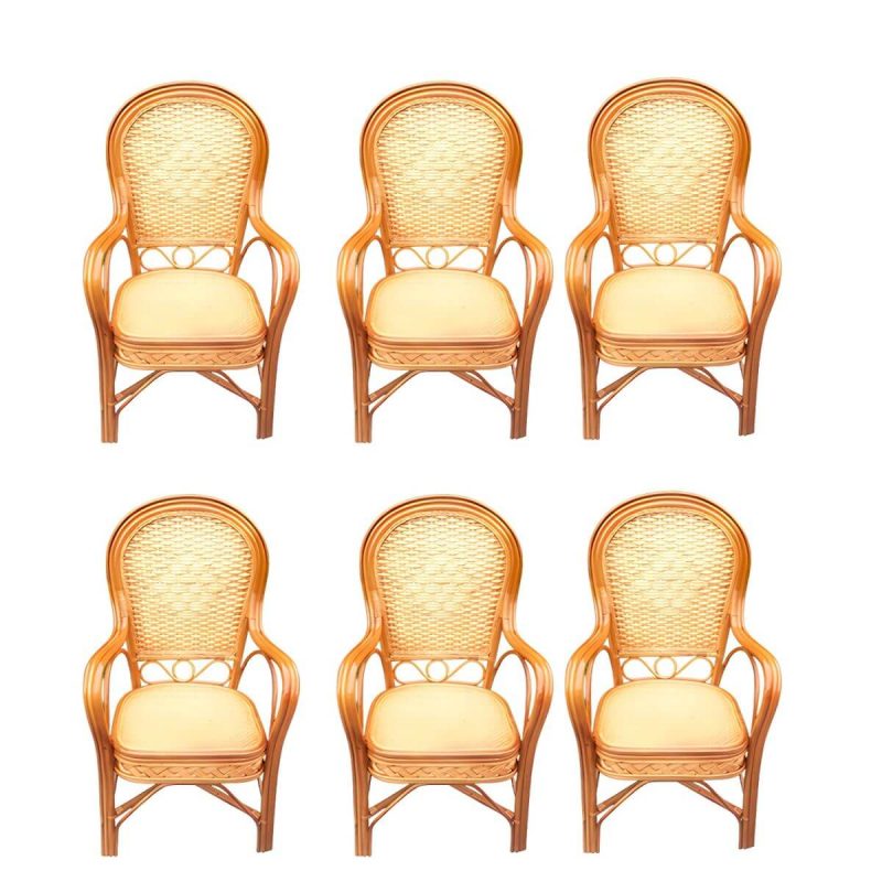 "Traditional Patio Dining Armchair in Rattan Single Outdoor Chair - Brown/ Yellow Rattan Weaving 6 Piece Set"