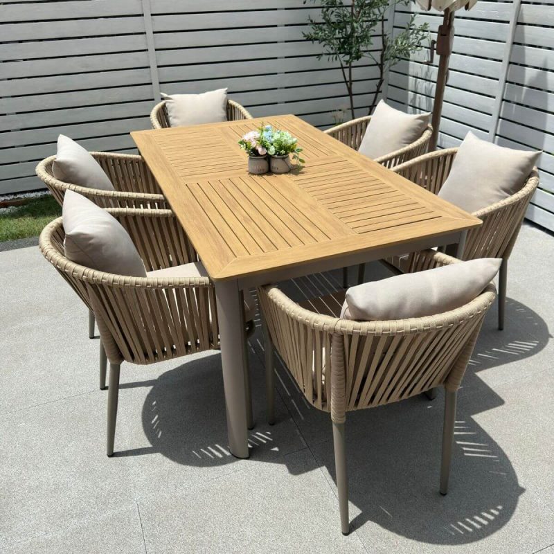 "Casual 7 Piece Set UV-proof Fabric Outdoor Dining Set with Sepia Table, Chair, and Table, 63"L x 35.4"W x 29.5"H, Table & 6 Chairs"
